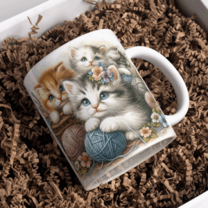 Beker 3 kittens met wol en bloemen