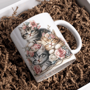 Beker 3 kittens met bloemen op elkaar