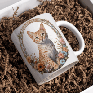 Beker wit grijze kat met bloemen