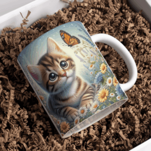 Beker cypers kitten in bloemen veld met vlinders