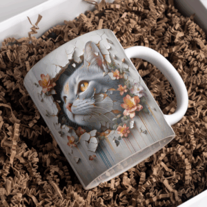 Beker grijze lapjes kat met bloemen muur