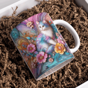 Beker kat wit roze en blauw