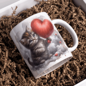 Beker kitten cyper met ballon hart