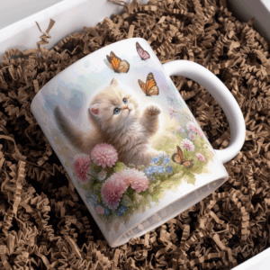 Beker kitten langhaar beige met vlinder en bloemen