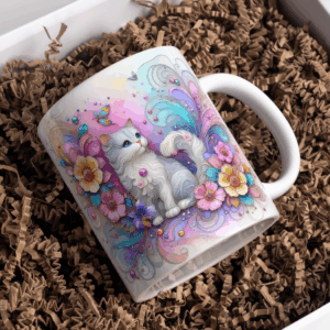 Beker kitten wit met grijs en bloemen