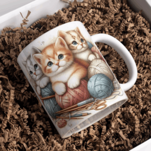 Beker kittens rood, grijs en beige met wol