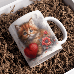 Beker lang harig bruin kitten rode bloem