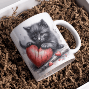 Beker lang harig grijs kitten met rood hart