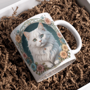 Beker main coon wit met bloemen