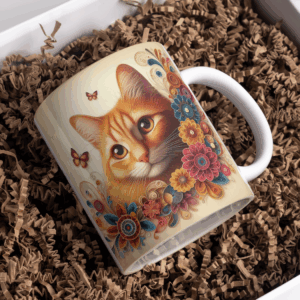 Beker rode kat met bloemen