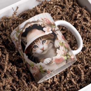 Beker rood met witte kat en roze muts