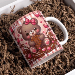 Beker valentijsdag beer bruin met roze
