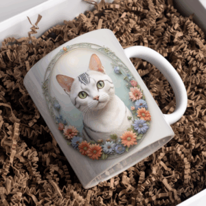 Beker wit kitten in bloemen veld met vlinders