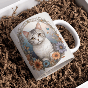 Beker wit kitten bloemen muur