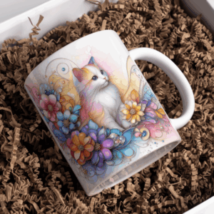 Beker wit rode kat bloemen muur