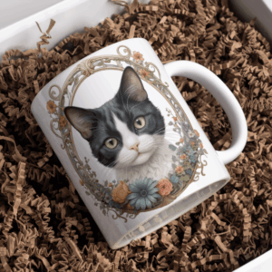 Beker witte kat in bubbel met roos