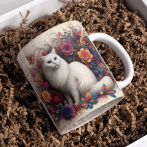 Beker witte kat met gekleurde bloemen