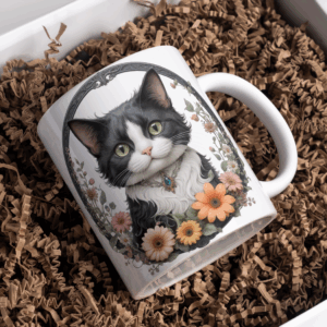 Beker zwart met witte kat bloemen krans